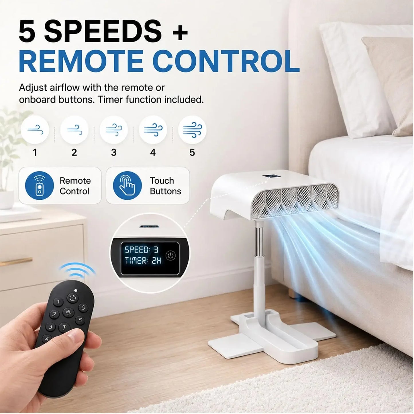 5 Speed Wireless Remote Control Bed Air Circulator Hot Selling Under Duvet Bed Cooling Fan Silent Air Circulation Fan For