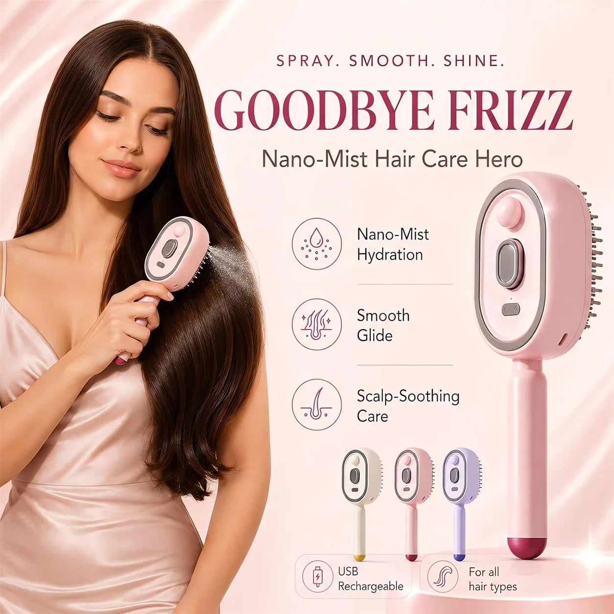 3-in-1 Ionic Mist Massage Hair Brush | Detangling, Anti-Static & Scalp Care